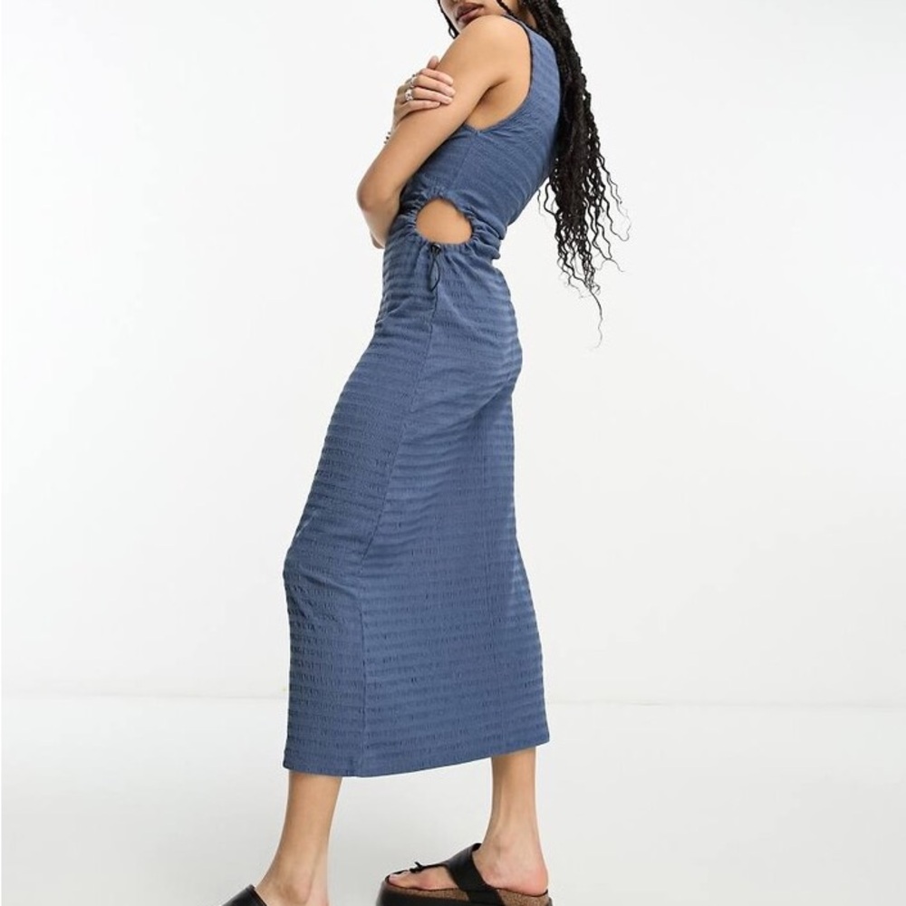 ASOS DESIGN crinkle midi dress cut out side detail and toggle trim blue 10